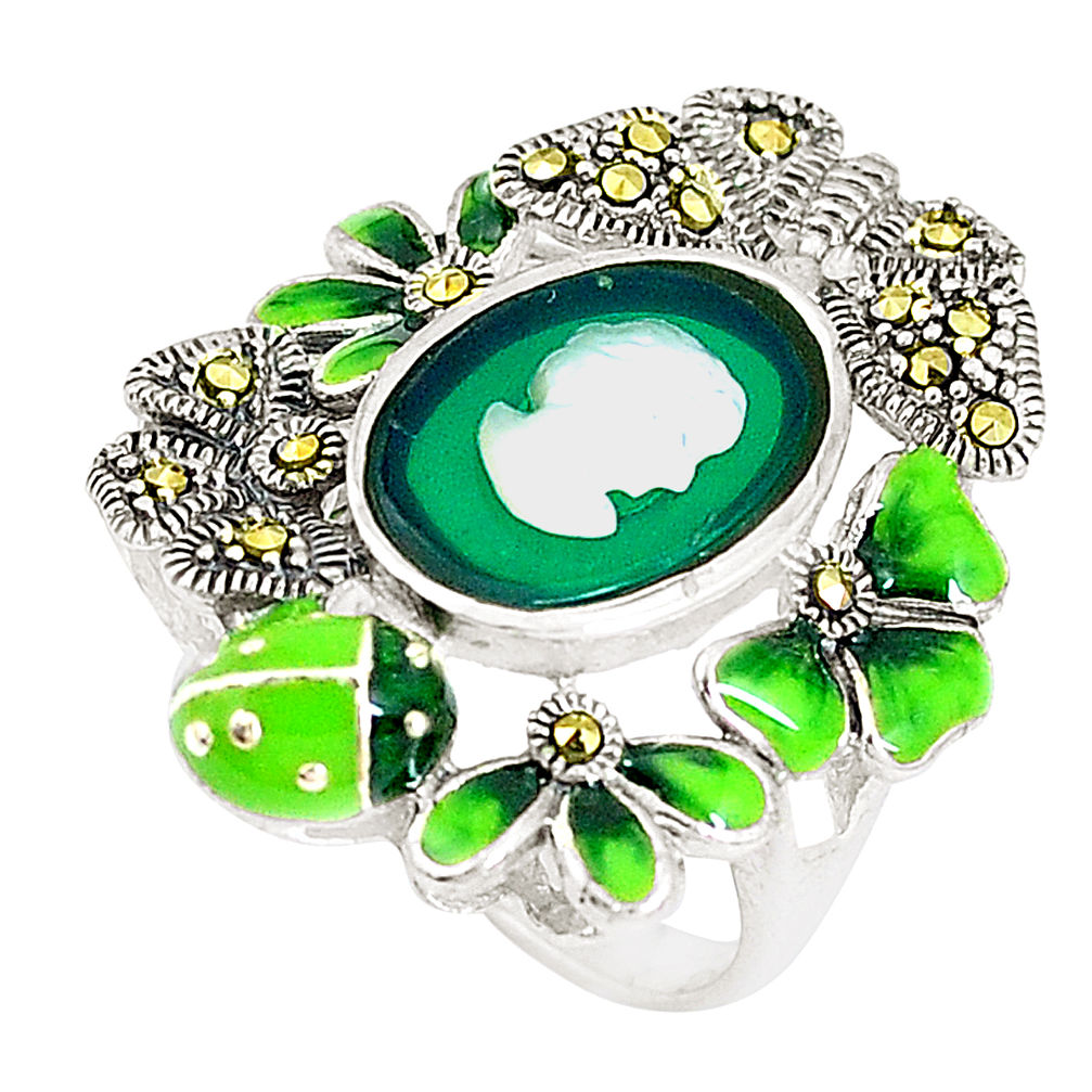 Natural green chalcedony pearl enamel lady face 925 silver ring size 6 c21406