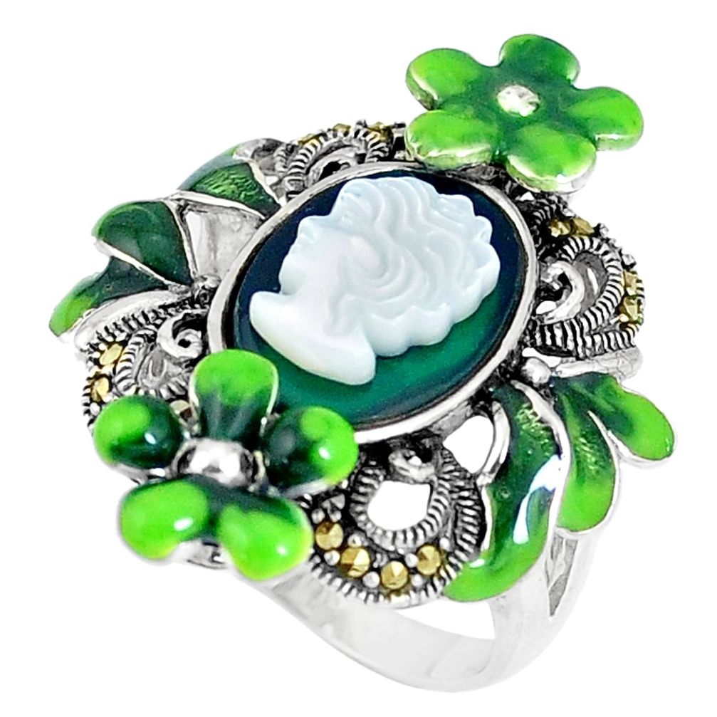 Natural green chalcedony pearl lady face 925 silver flower ring size 6.5 c16258