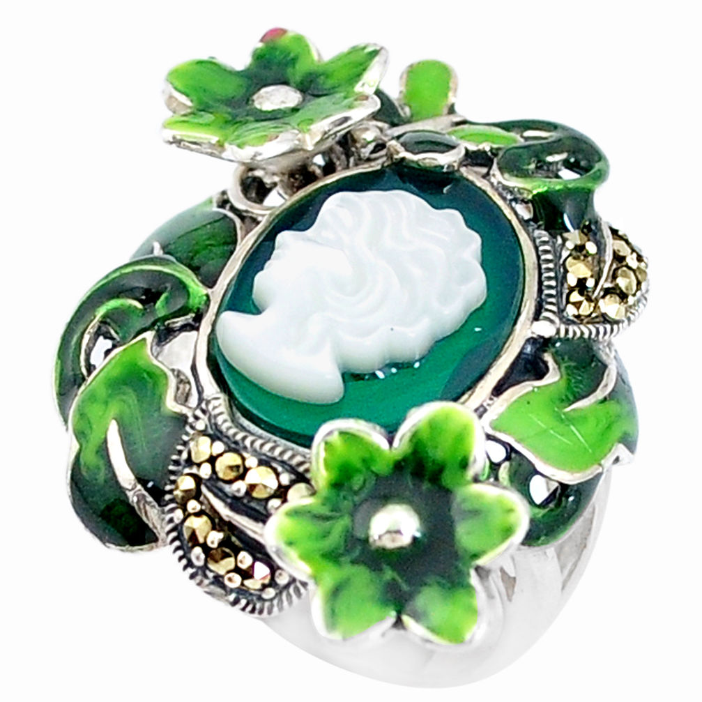 Natural green chalcedony pearl lady face 925 silver flower ring size 5.5 c21404
