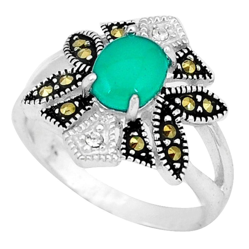 Natural green chalcedony swiss marcasite 925 silver ring size 6.5 c17644