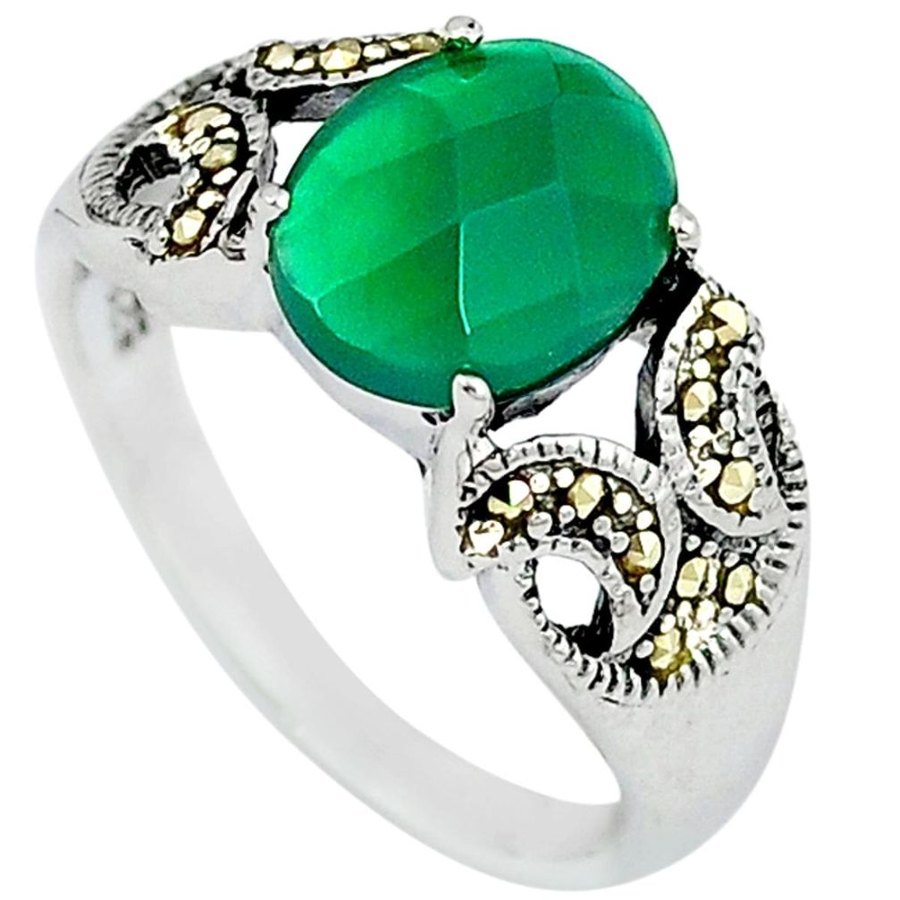 Natural green chalcedony swiss marcasite 925 silver ring jewelry size 8 c22974