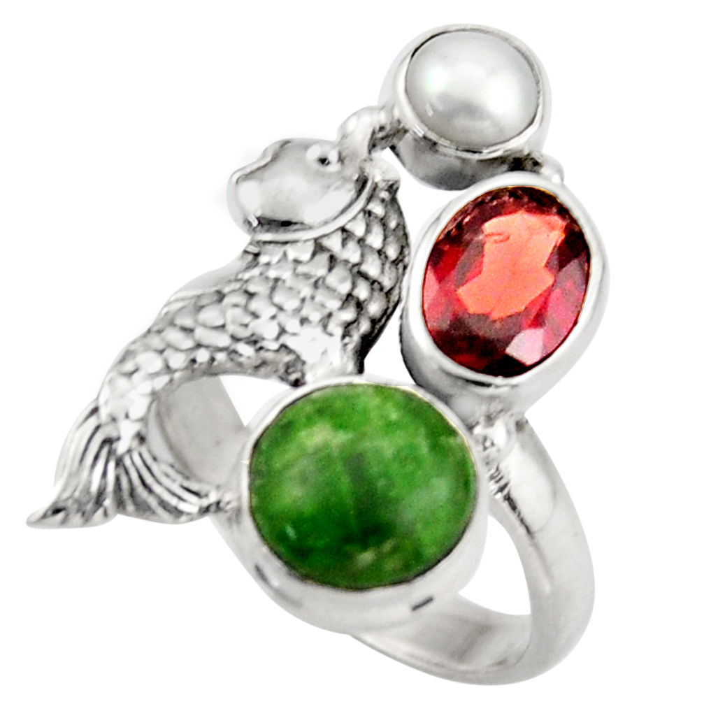 6.32cts natural green chrome diopside garnet 925 silver fish ring size 7 d46063