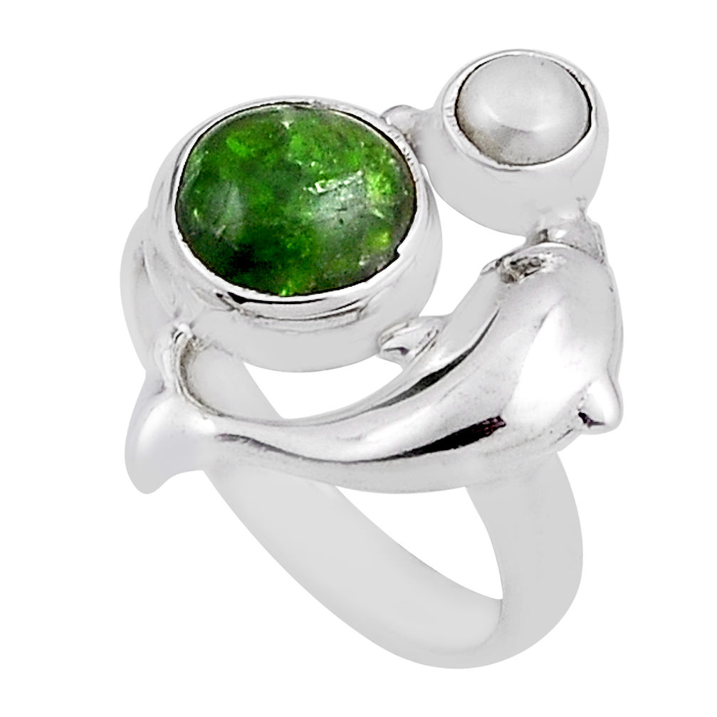4.70cts natural green chrome diopside pearl silver dolphin ring size 6.5 n25876