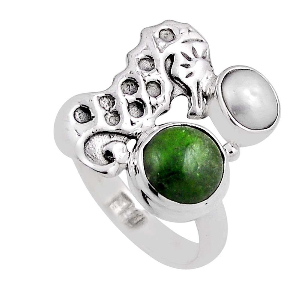 3.67cts natural green chrome diopside pearl silver seahorse ring size 7 n25880
