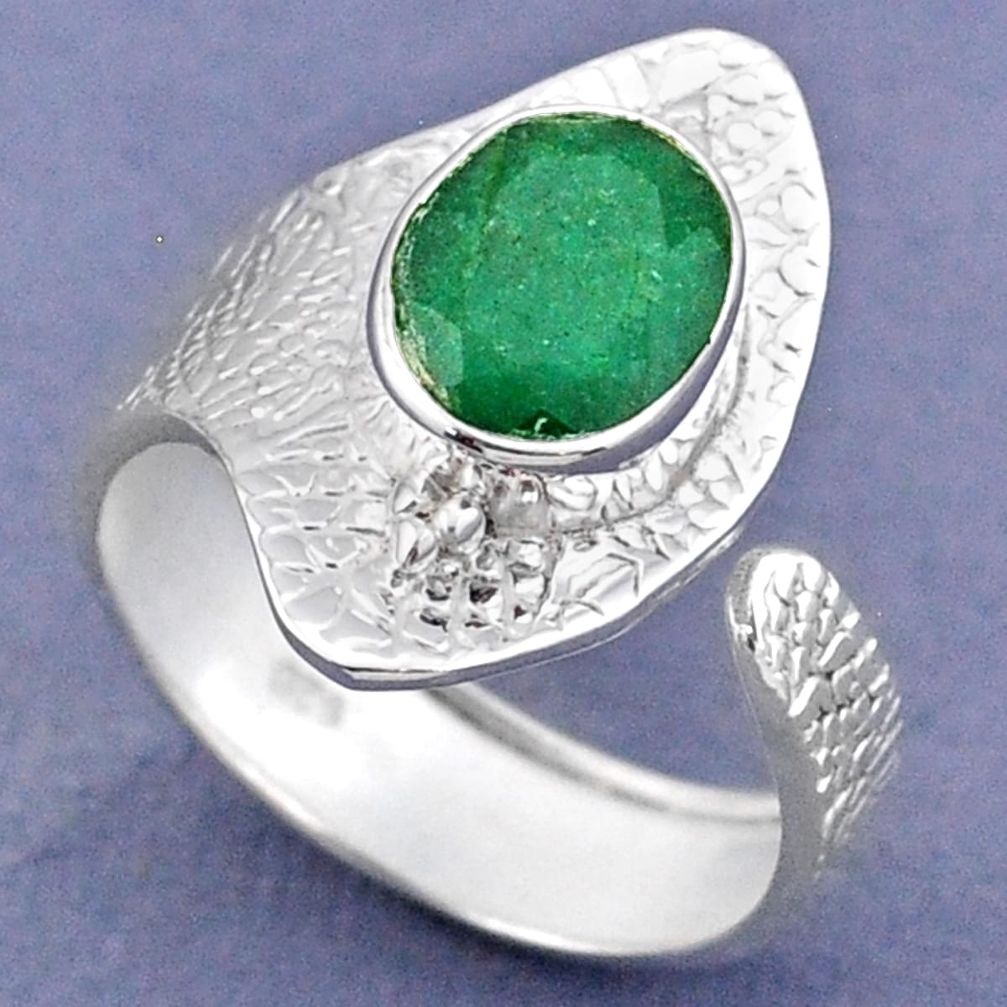 3.82cts natural green emerald 925 sterling silver adjustable ring size 9 r63313