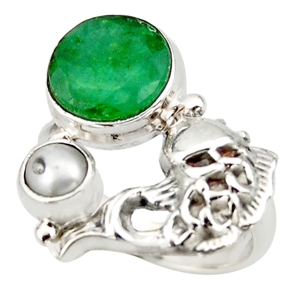 6.32cts natural green emerald pearl 925 sterling silver fish ring size 7 d46134