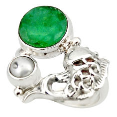 6.32cts natural green emerald pearl 925 sterling silver fish ring size 7 d46134