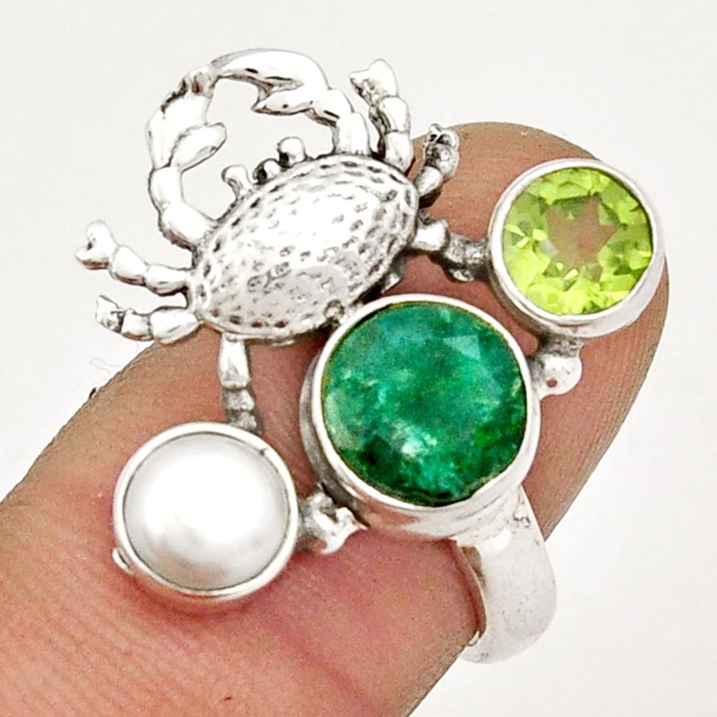 5.14cts natural green emerald peridot pearl 925 silver crab ring size 7 y3594