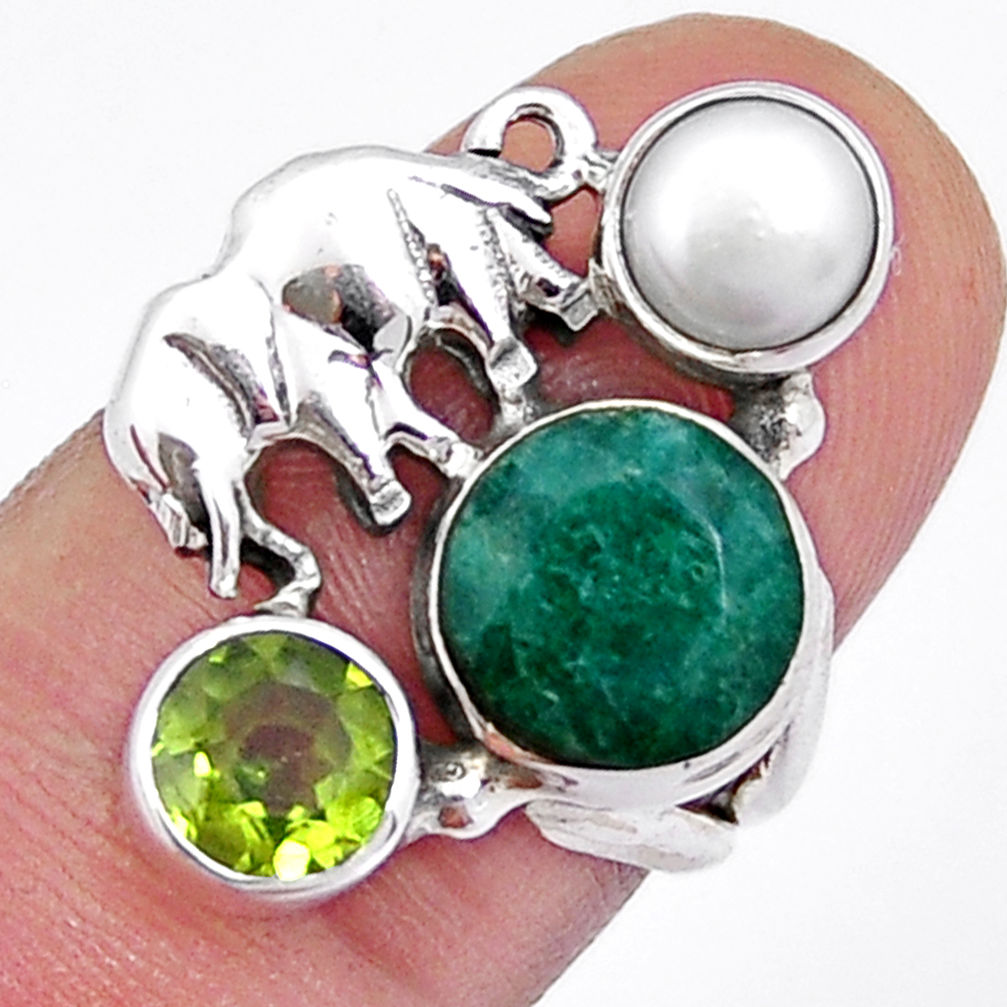4.65cts natural green emerald peridot pearl silver elephant ring size 6 y3929