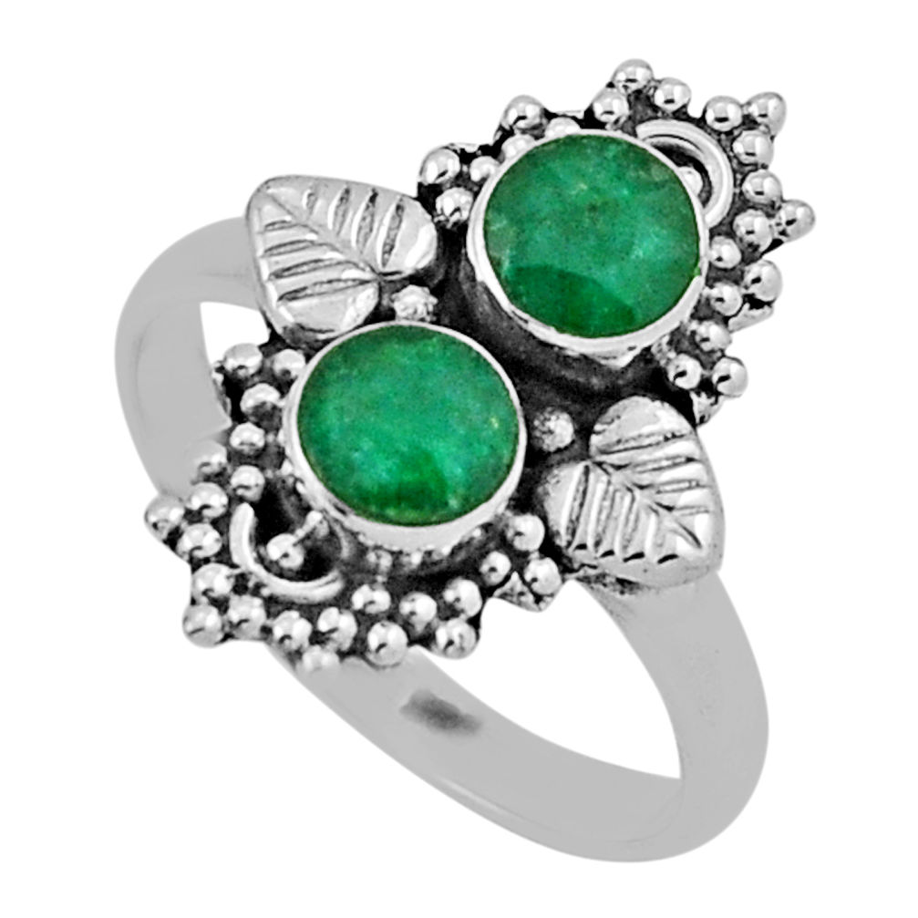 1.46cts natural green emerald round sterling silver leaf ring size 7 n38431
