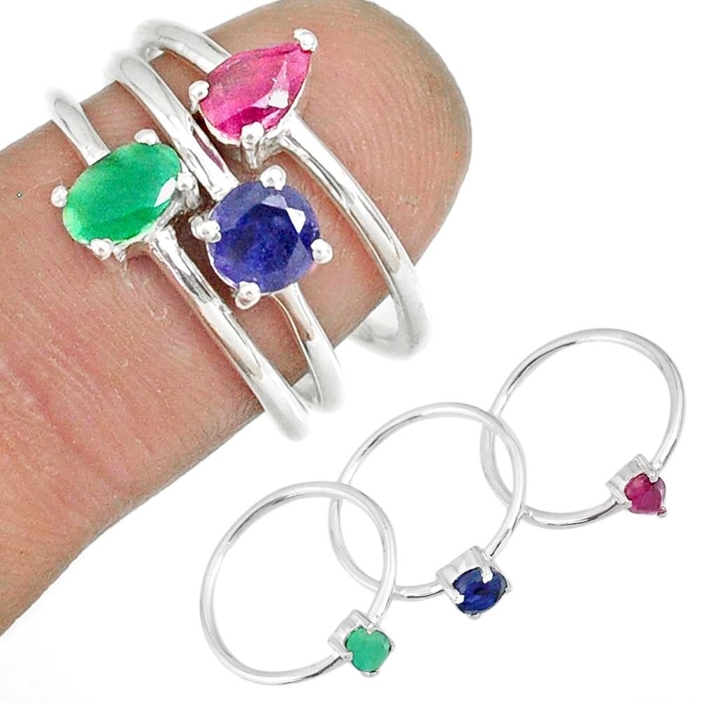 3.51cts natural green emerald ruby 925 silver stackable ring size 9.5 r79976