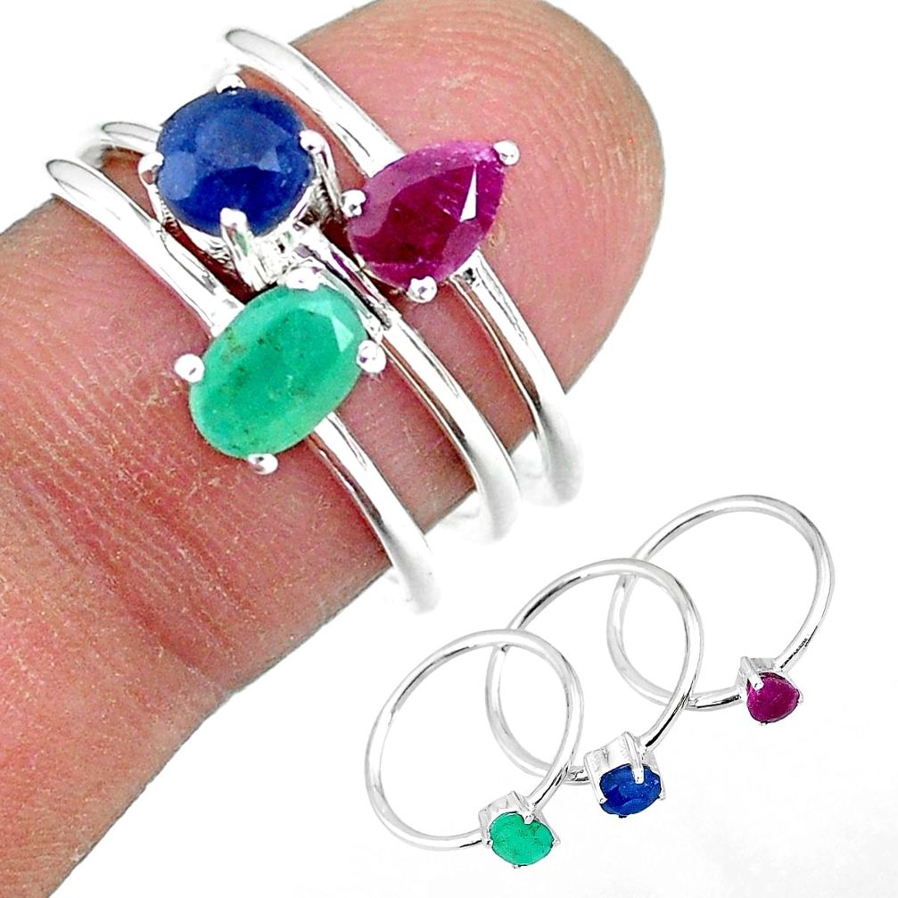 3.05cts natural green emerald ruby 925 sterling silver 3 rings size 8.5 r92404