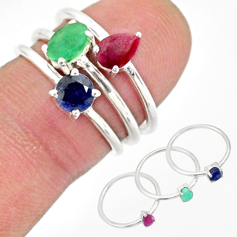 3.42cts natural green emerald ruby 925 sterling silver 3 rings size 10 r83934