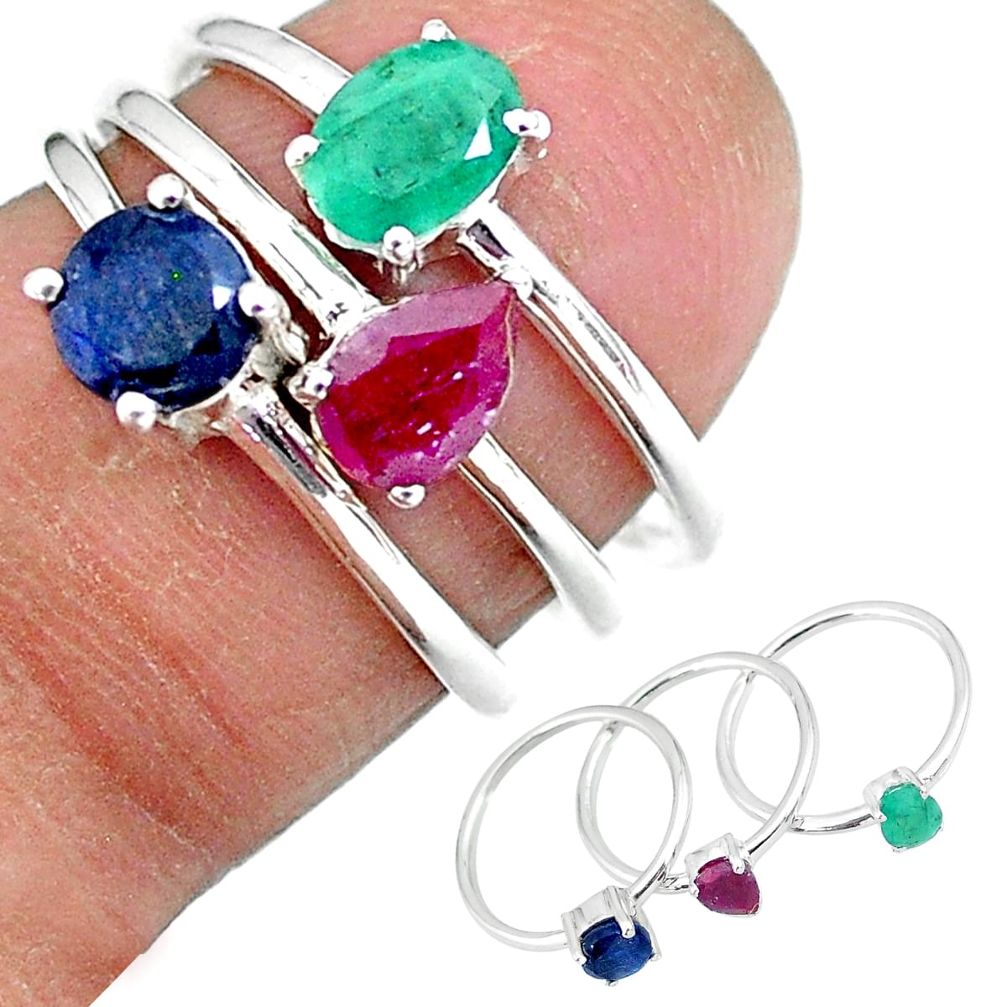 3.19cts natural green emerald ruby 925 sterling silver 3 rings size 6 r92383