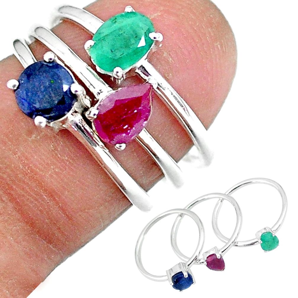 3.11cts natural green emerald ruby 925 sterling silver 3 rings size 6 r92390