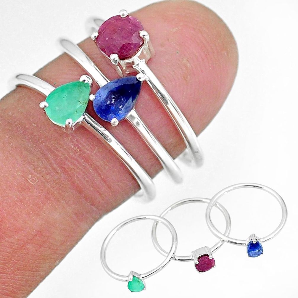 2.81cts natural green emerald ruby 925 sterling silver 3 rings size 8 r92422