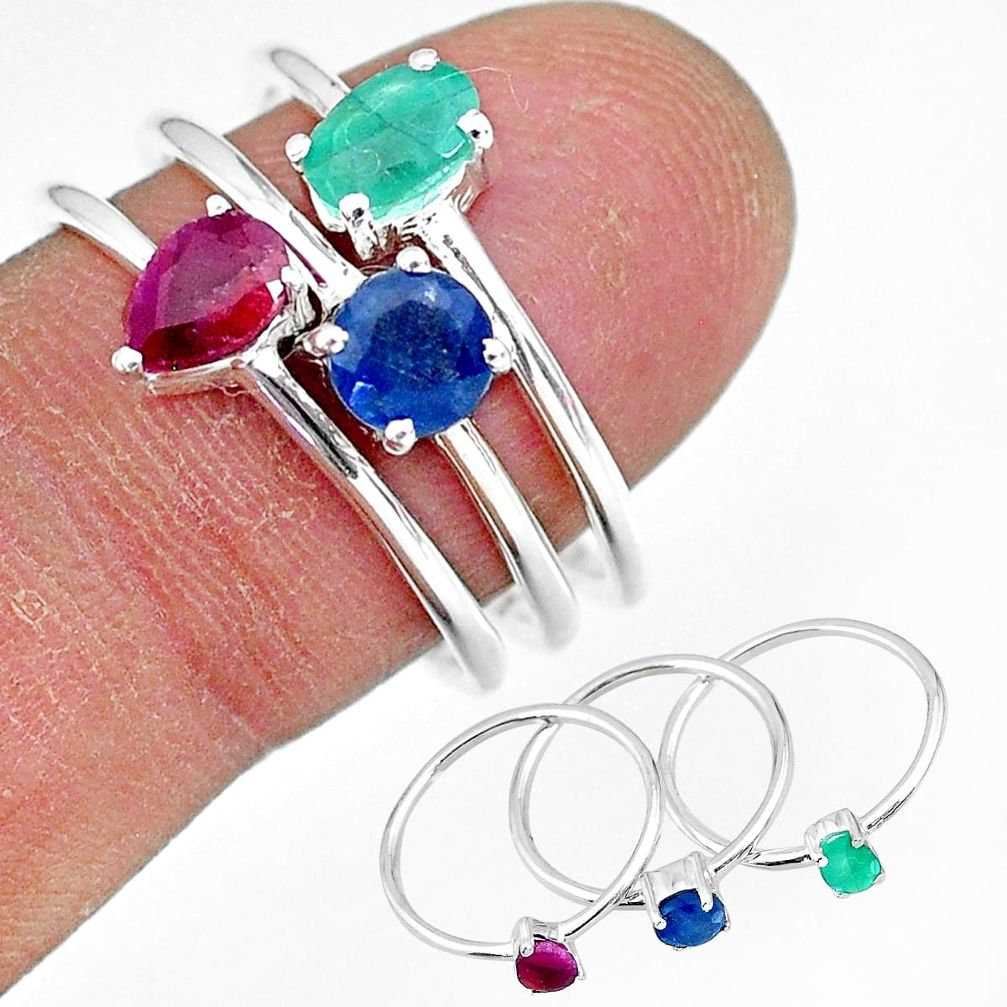 3.28cts natural green emerald ruby 925 sterling silver 3 rings size 8 r92423