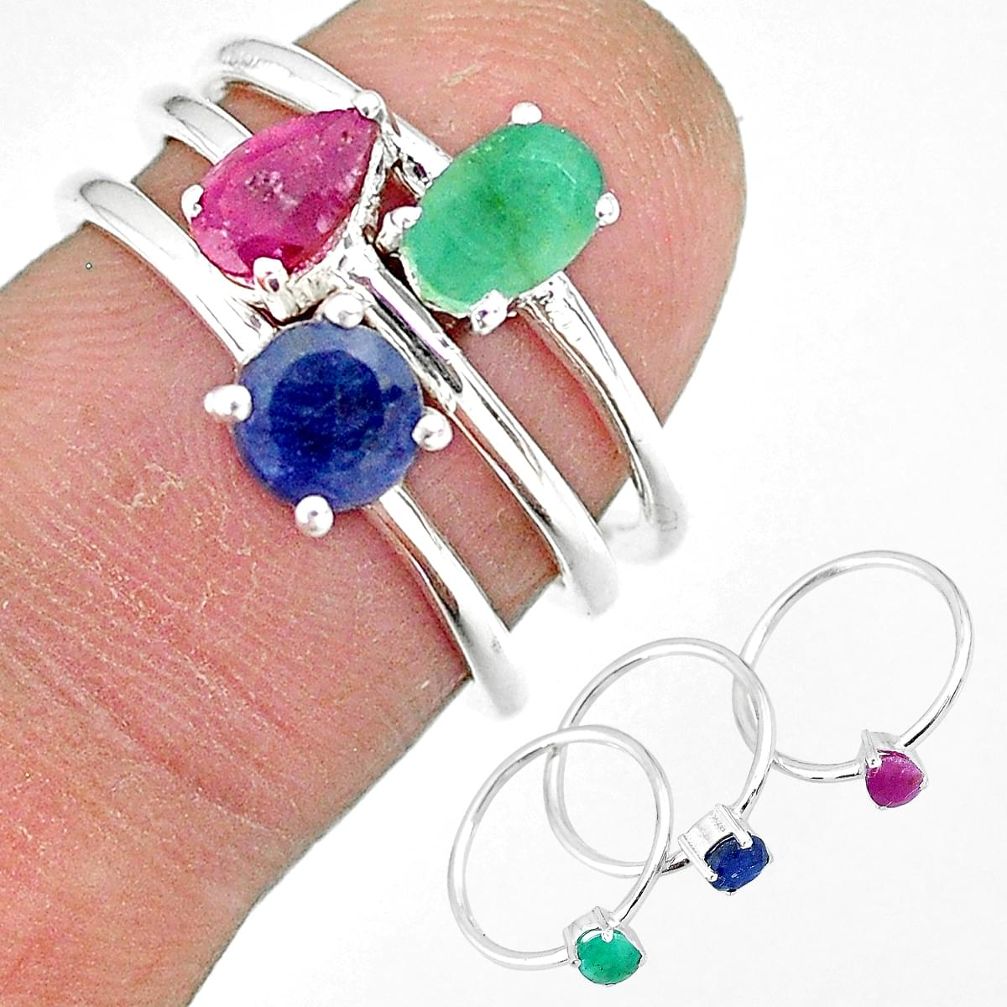3.41cts natural green emerald ruby 925 sterling silver 3 rings size 8 r92432