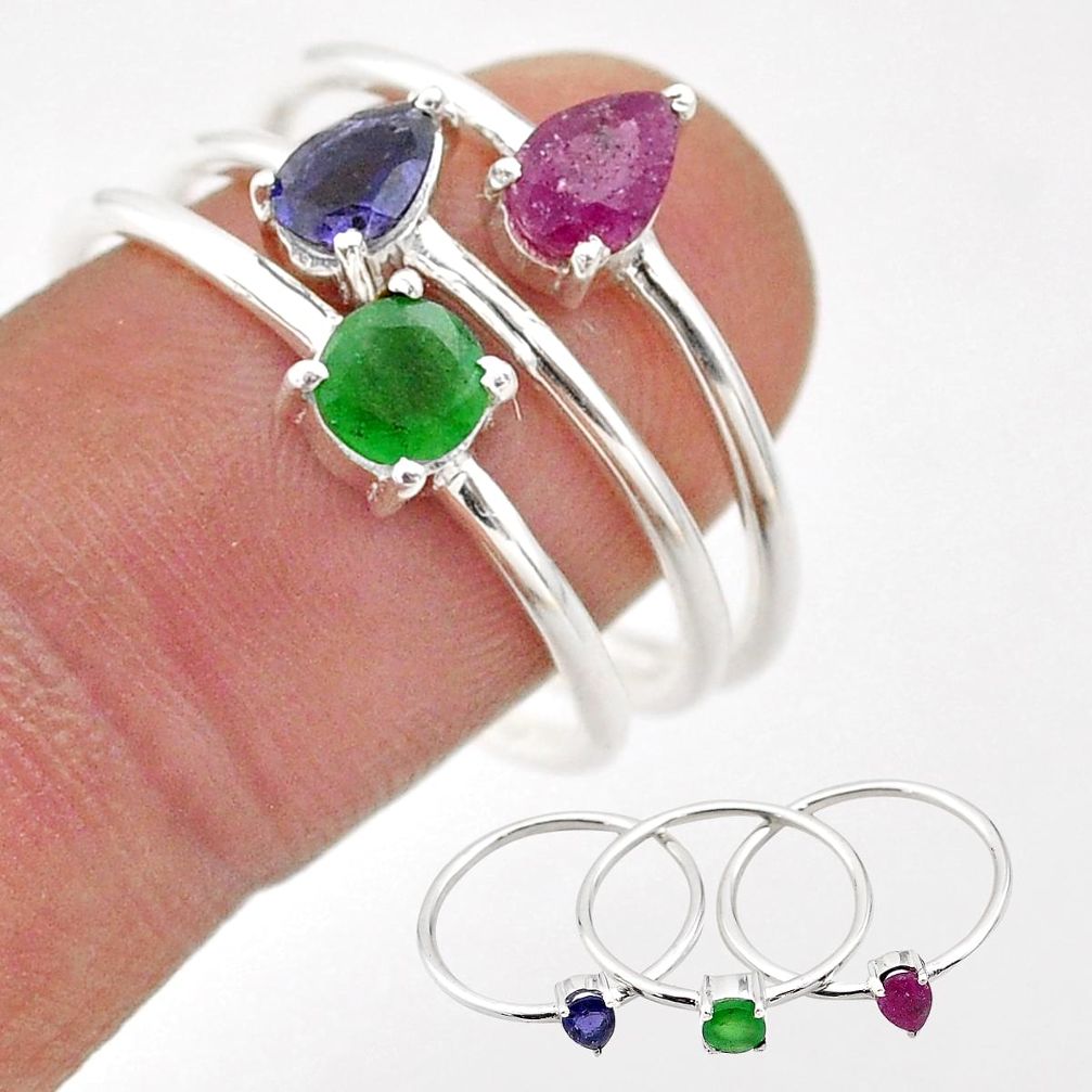 2.82cts natural green emerald ruby iolite 925 silver 3 rings size 9 t74919