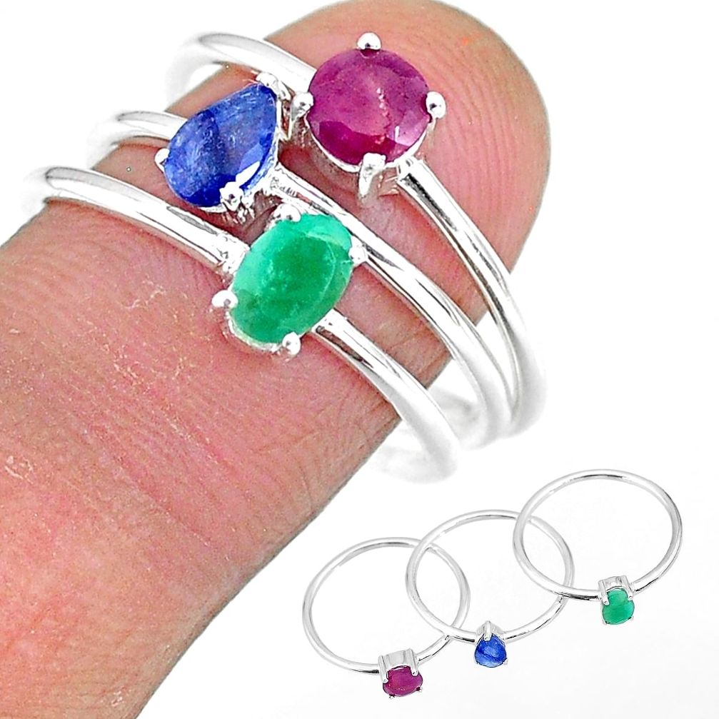 2.82cts natural green emerald ruby sapphire 925 silver 3 rings size 8 t17542