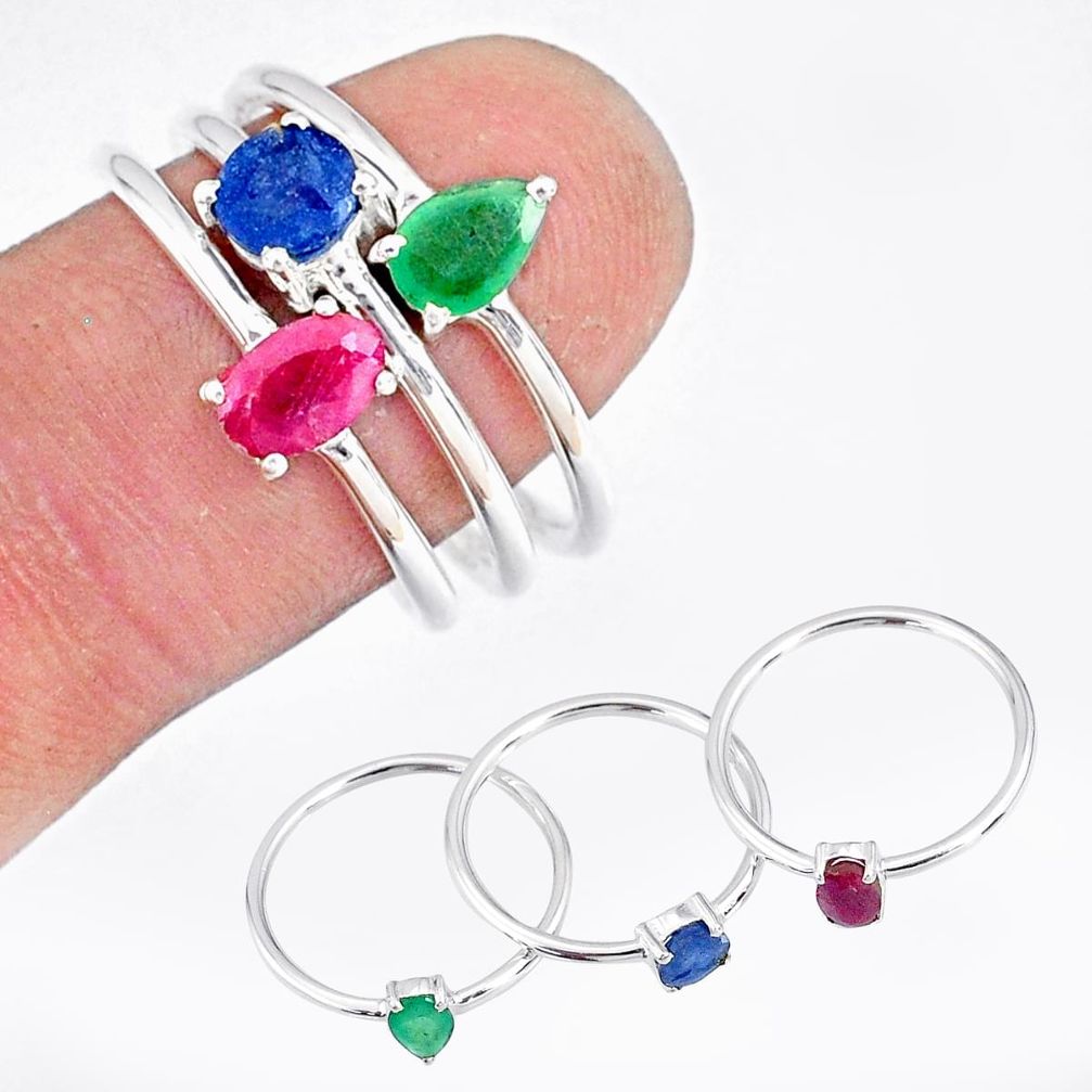 2.82cts natural green emerald ruby sapphire 925 silver 3 rings size 8 t17543