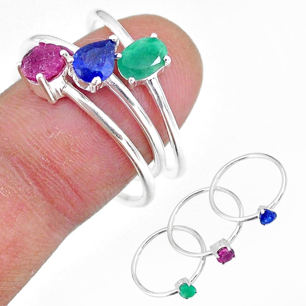 2.98cts natural green emerald ruby sapphire 925 silver 3 rings size 8 t17548