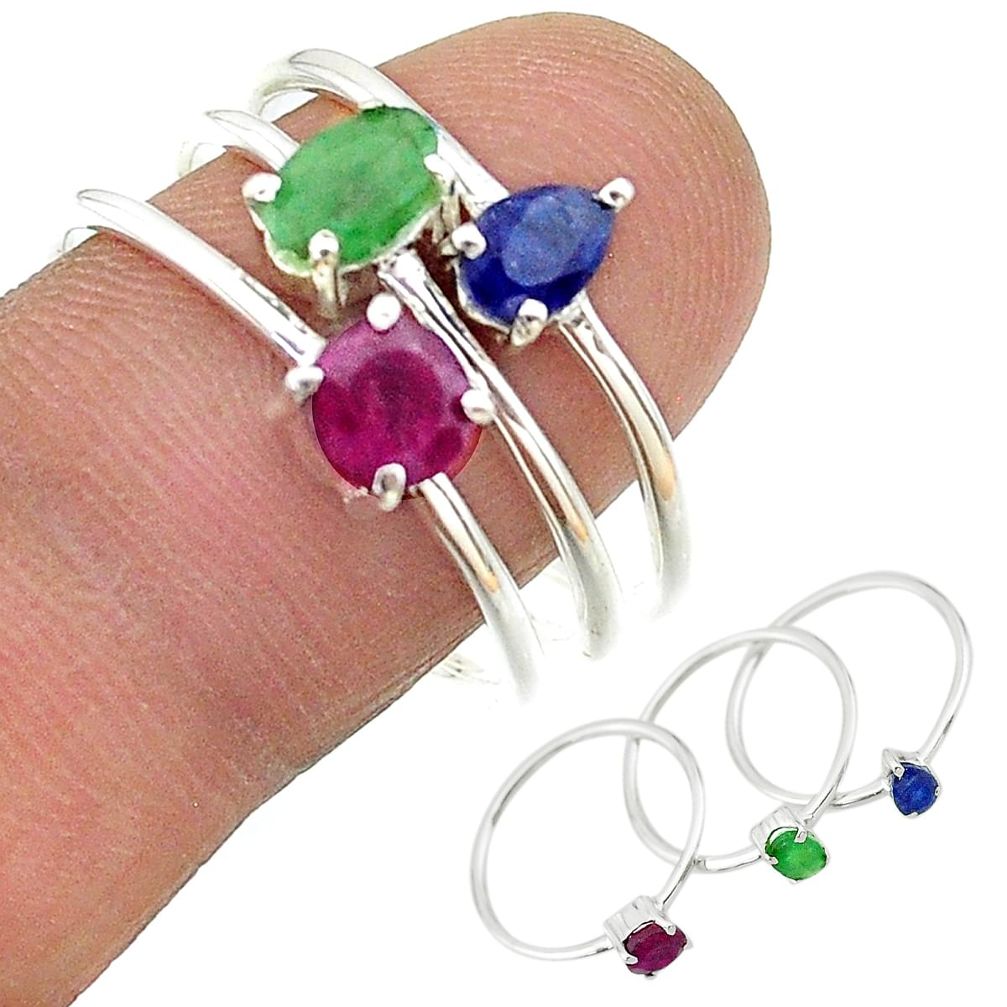 2.82cts natural green emerald ruby sapphire 925 silver 3 rings size 9 t17560