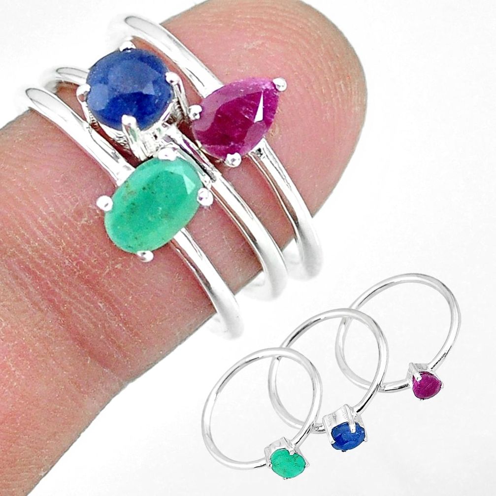 3.36cts natural green emerald sapphire ruby 925 silver 3 rings size 6.5 r92361