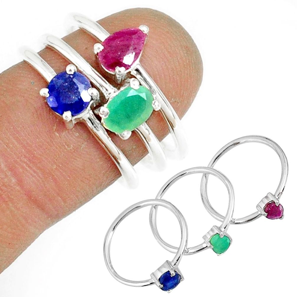 2.72cts natural green emerald sapphire ruby 925 silver 3 rings size 6 t17567