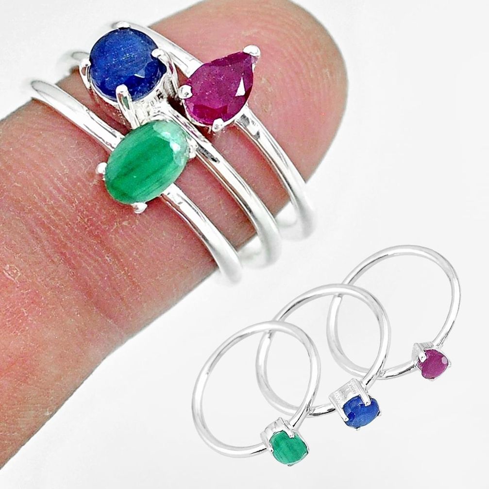 3.36cts natural green emerald sapphire ruby 925 silver 3 rings size 7 r92363
