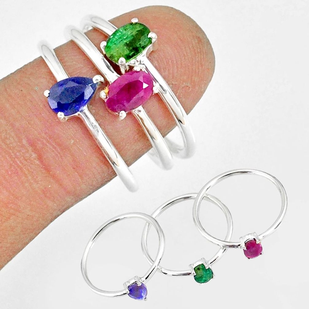 3.13cts natural green emerald sapphire ruby 925 silver 3 rings size 8 r79802