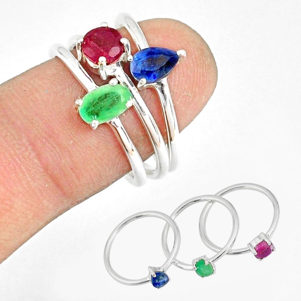 2.97cts natural green emerald sapphire ruby 925 silver 3 rings size 8 r79820