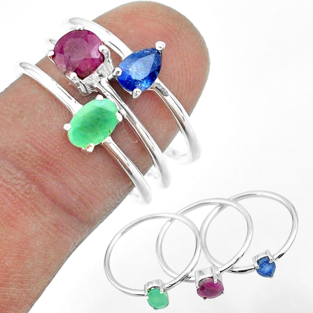 3.28cts natural green emerald sapphire ruby 925 silver 3 rings size 8 t50961