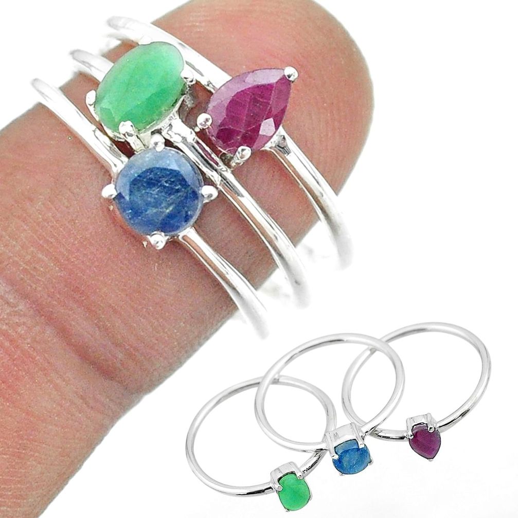 3.28cts natural green emerald sapphire ruby 925 silver 3 rings size 8 t50963
