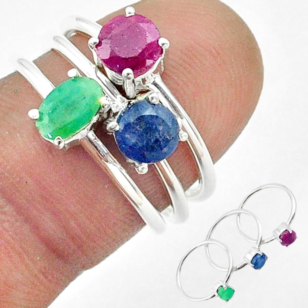 3.23cts natural green emerald sapphire ruby 925 silver 3 rings size 5.5 t50910