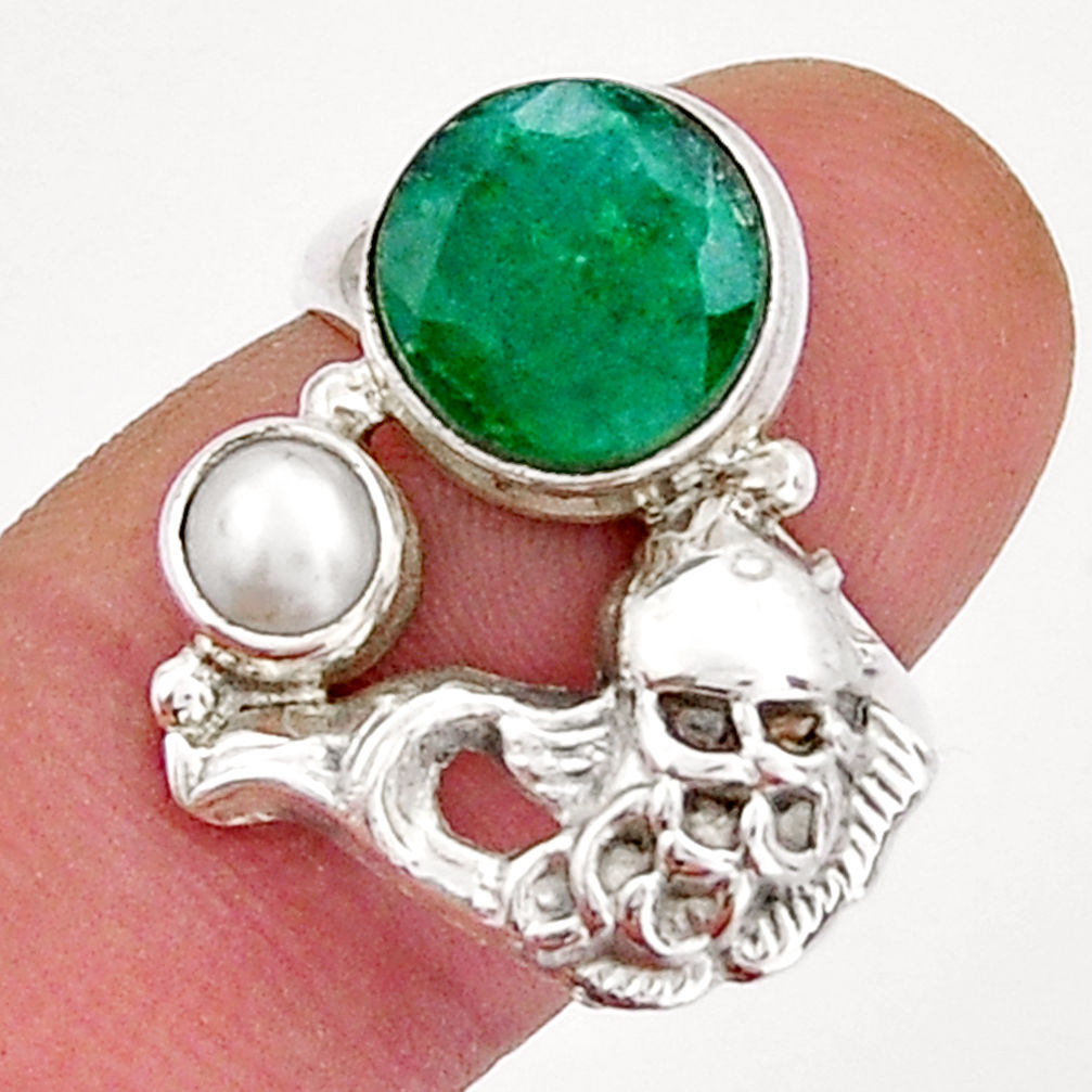 6.09cts natural green emerald white pearl 925 silver fish ring size 6.5 y20766