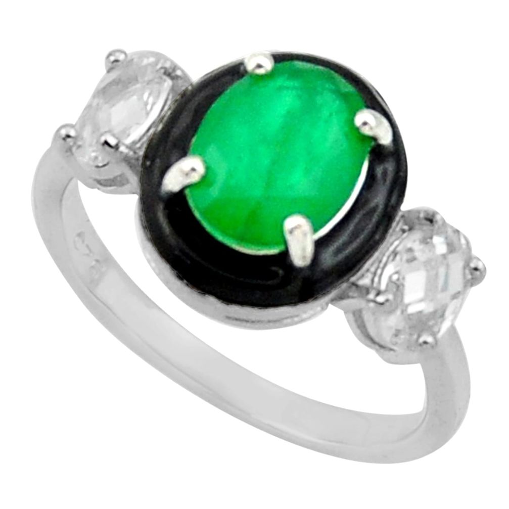 4.84cts natural green emerald white topaz enamel 925 silver ring size 8 c26290