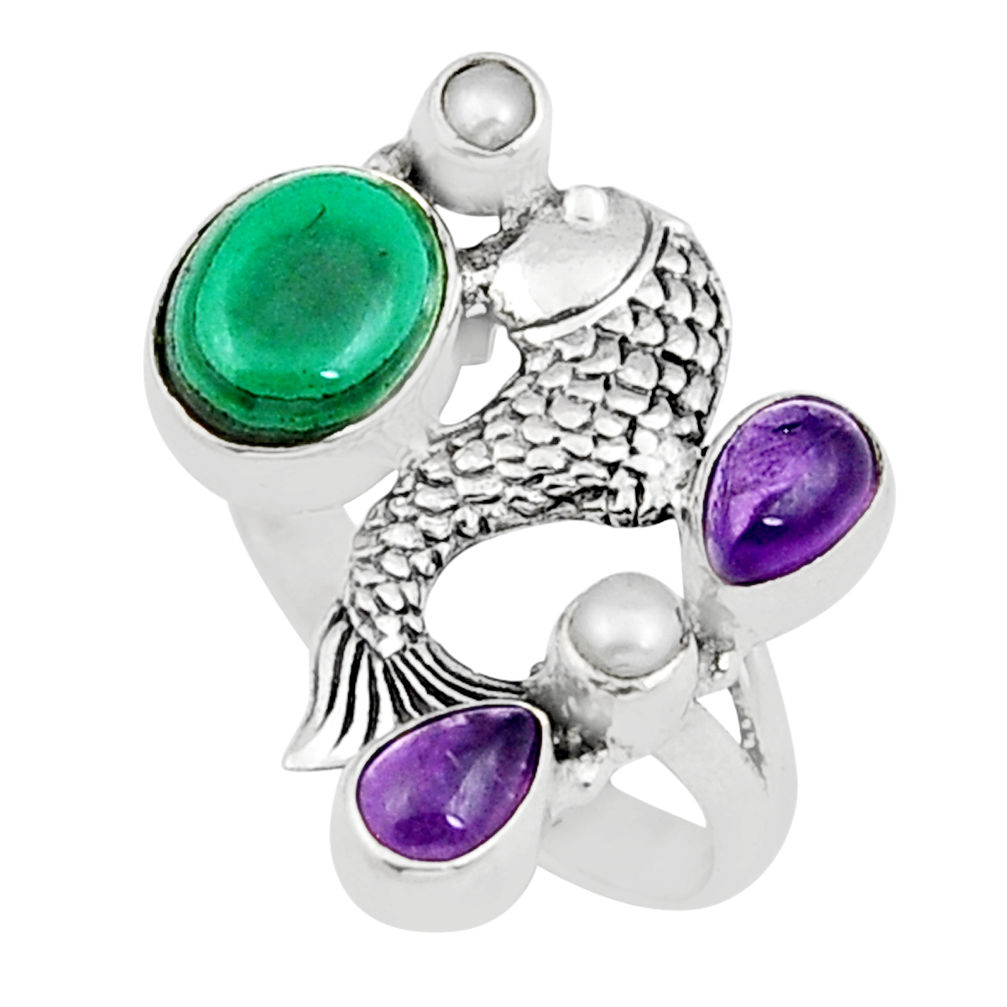 5.79cts natural green malachite amethyst pearl silver fish ring size 6.5 y23722