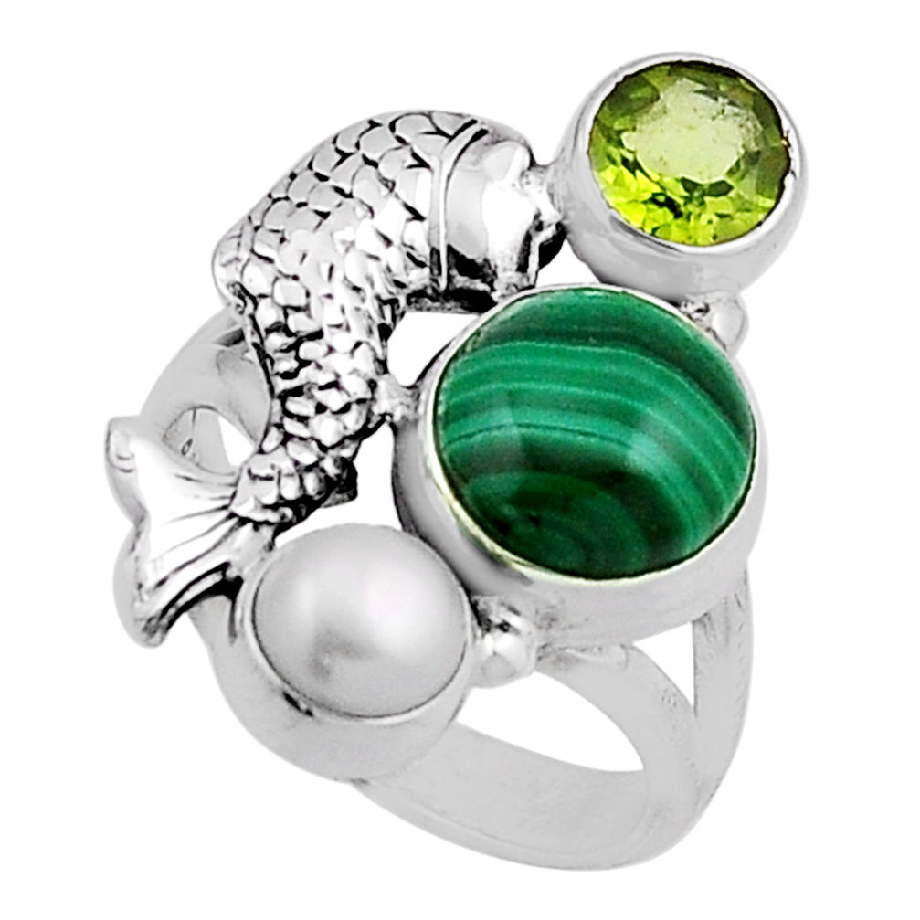 6.53cts natural green malachite perdiot pearl 925 silver fish ring size 7 n12788