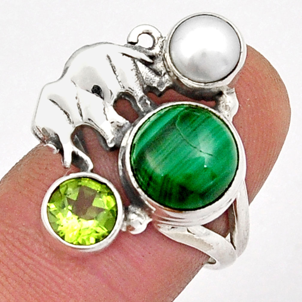 6.62cts natural green malachite perdiot pearl silver elephant ring size 7 y3601