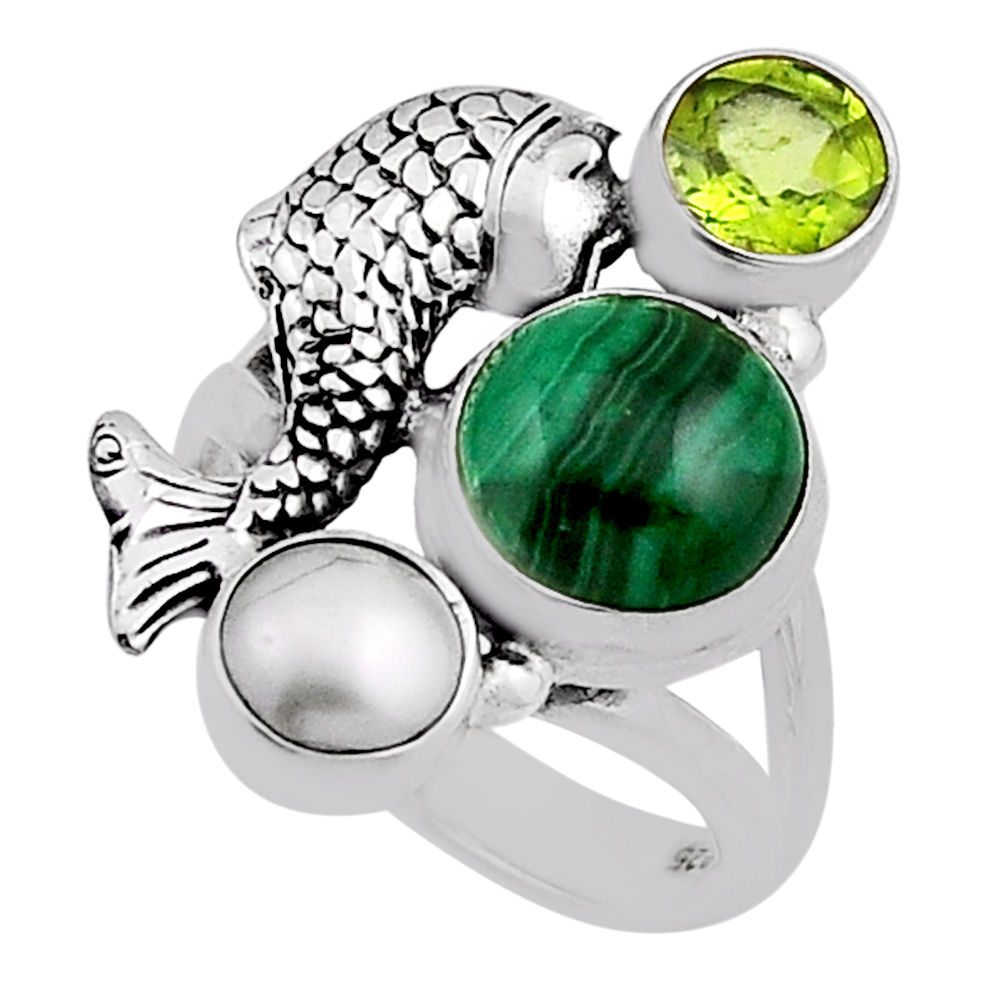 7.30cts natural green malachite peridot pearl 925 silver fish ring size 7 n12458