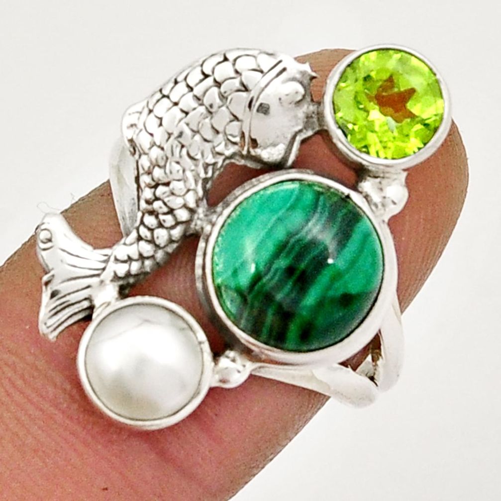 5.81cts natural green malachite peridot pearl 925 silver fish ring size 7 y3592