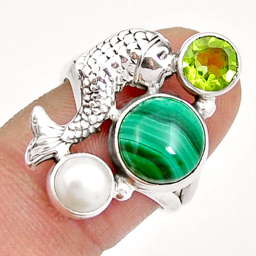 7.10cts natural green malachite peridot pearl 925 silver fish ring size 7 y3918