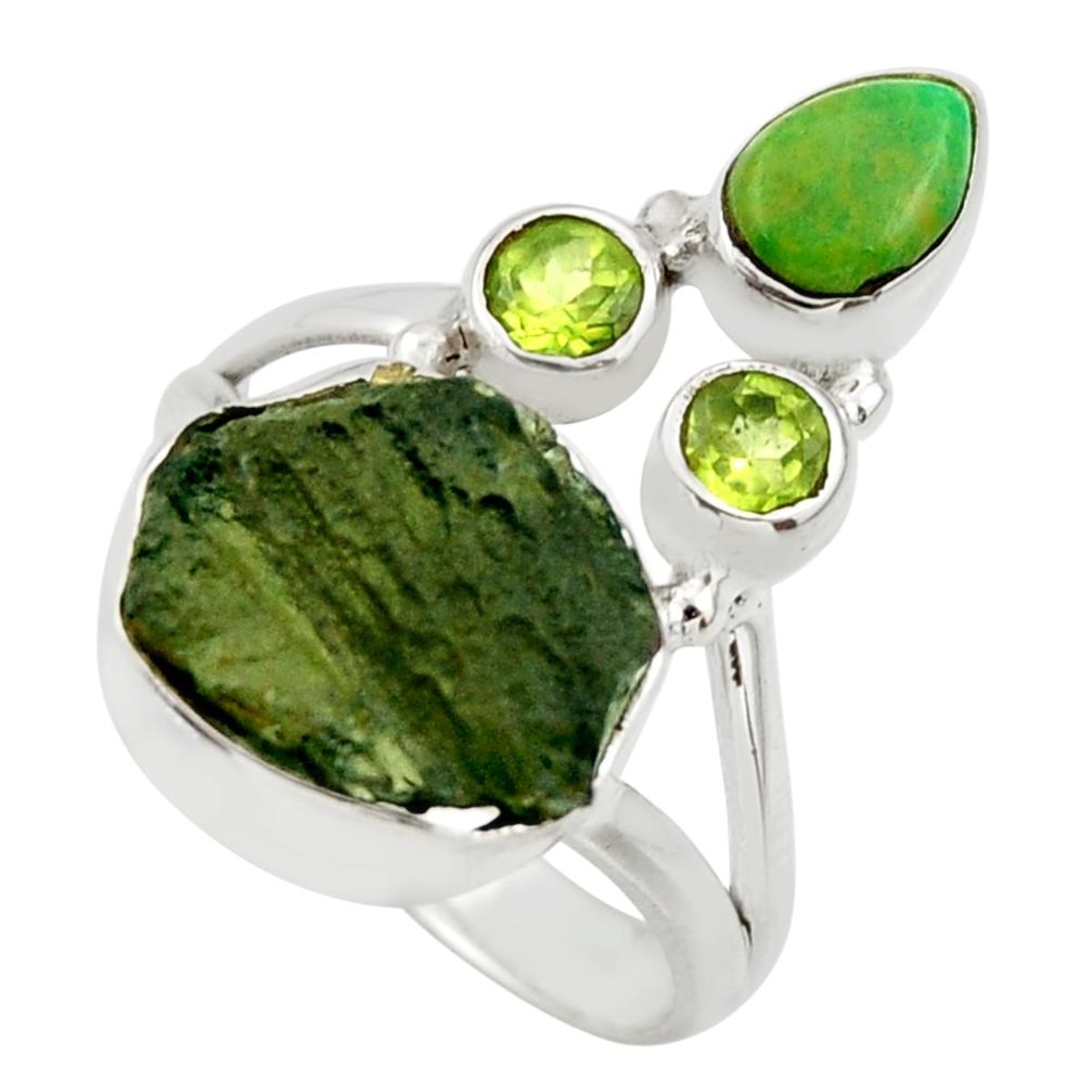 7.36cts natural green moldavite (genuine czech) 925 silver ring size 8.5 r44435