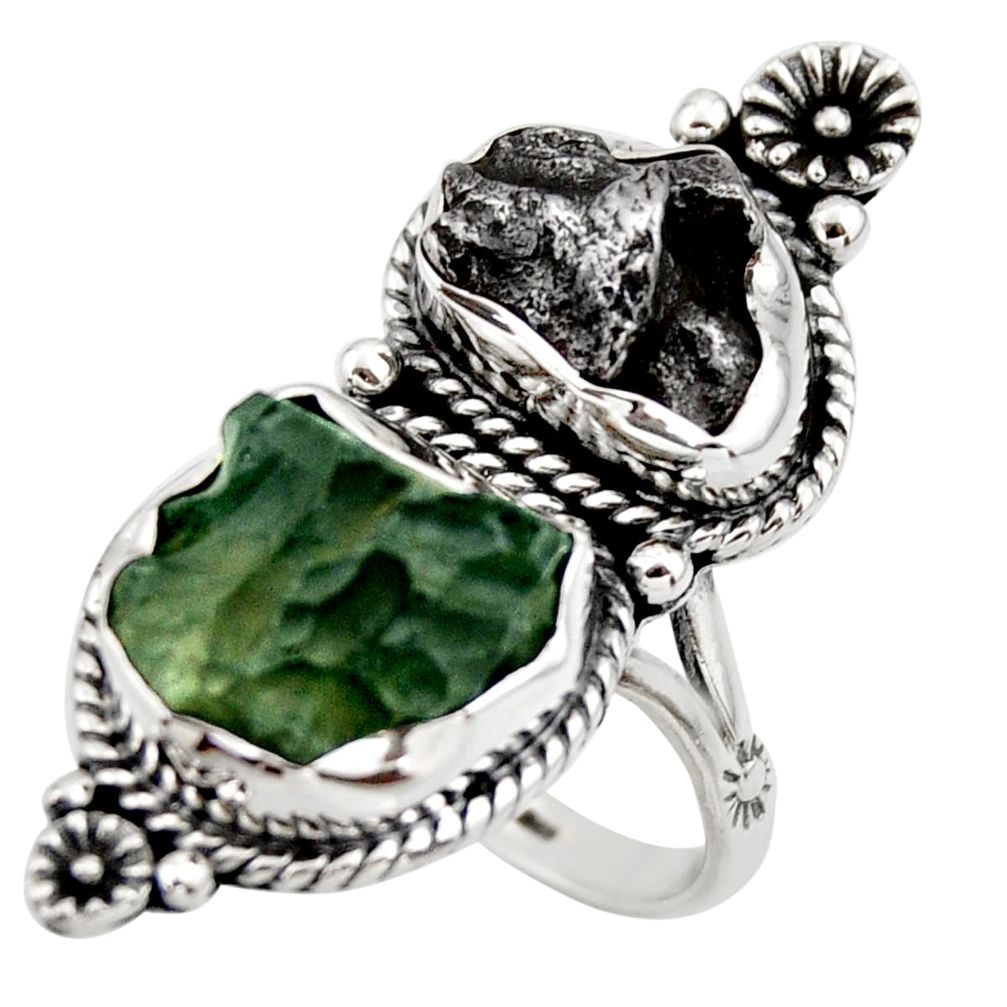 19.19cts natural green moldavite campo (meteorite) 925 silver ring size 9 r44427