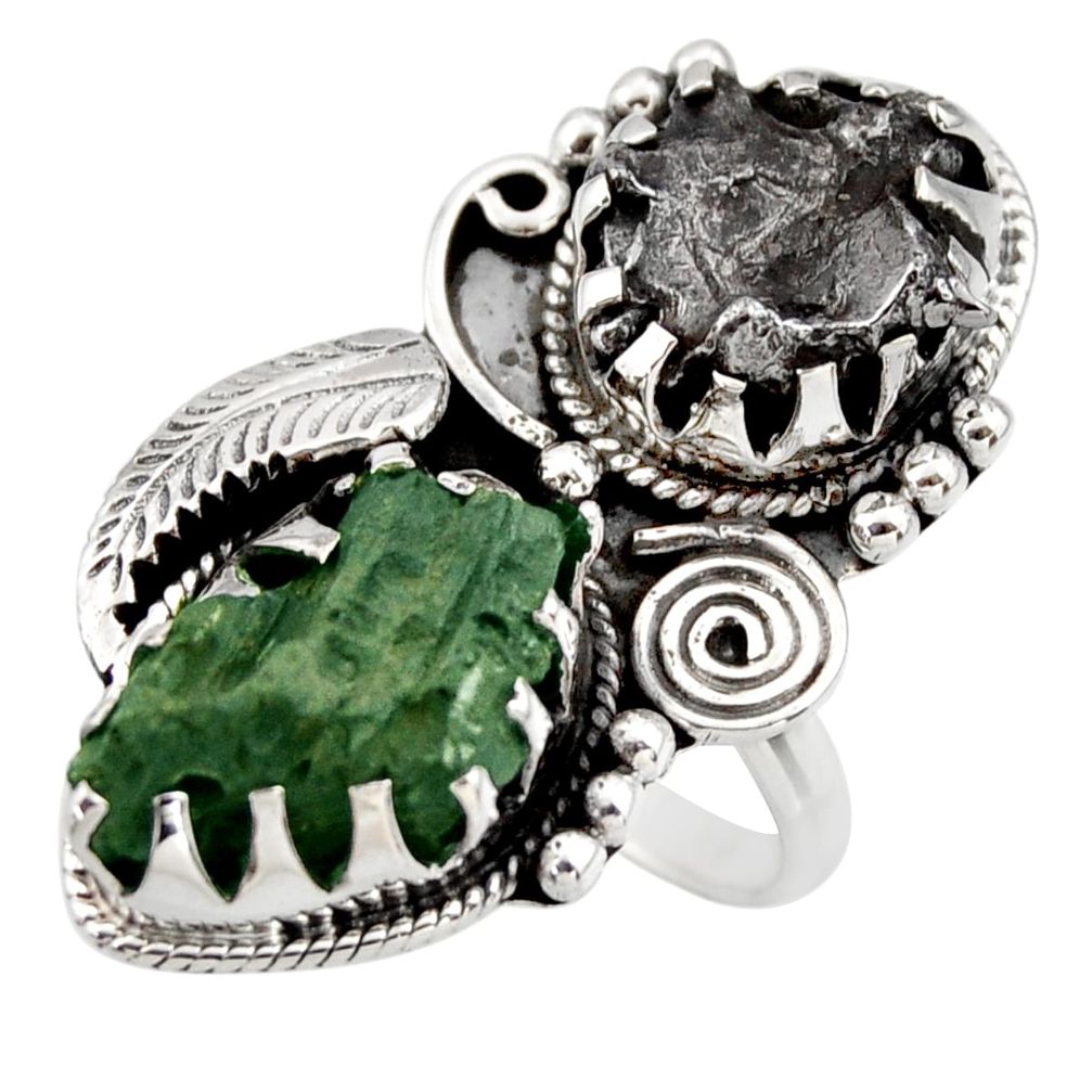 18.70cts natural green moldavite campo del cielo 925 silver ring size 8 r44429