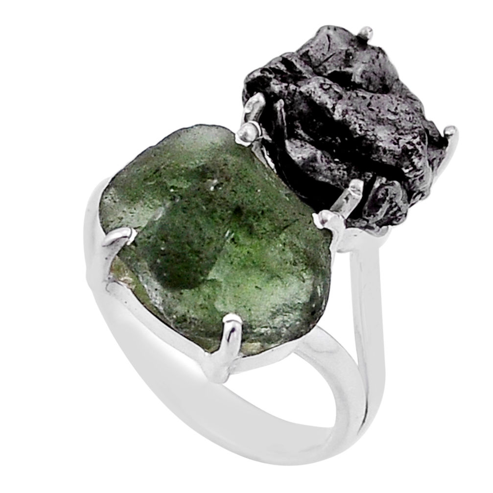 9.80cts natural green moldavite meteorite gibeon fancy silver ring size 7 n48665