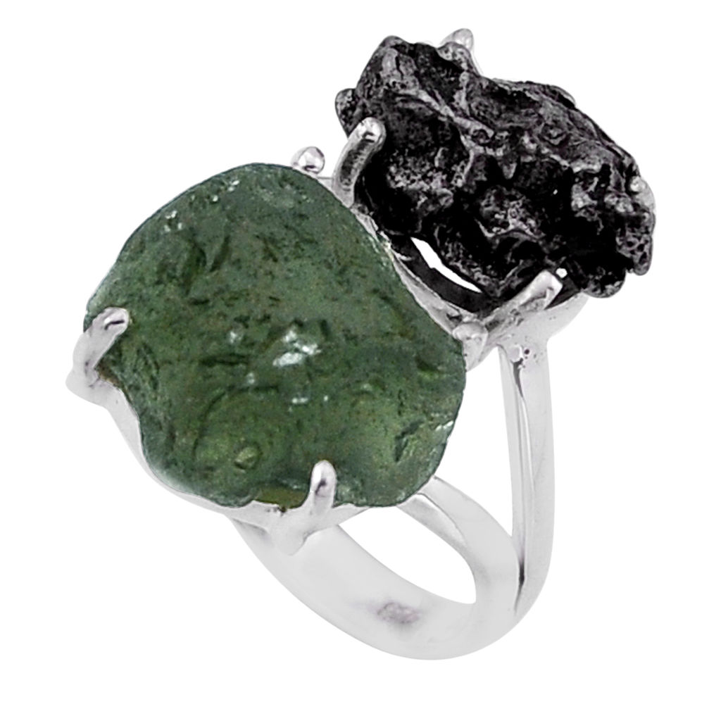 9.86cts natural green moldavite meteorite gibeon fancy silver ring size 7 n48677