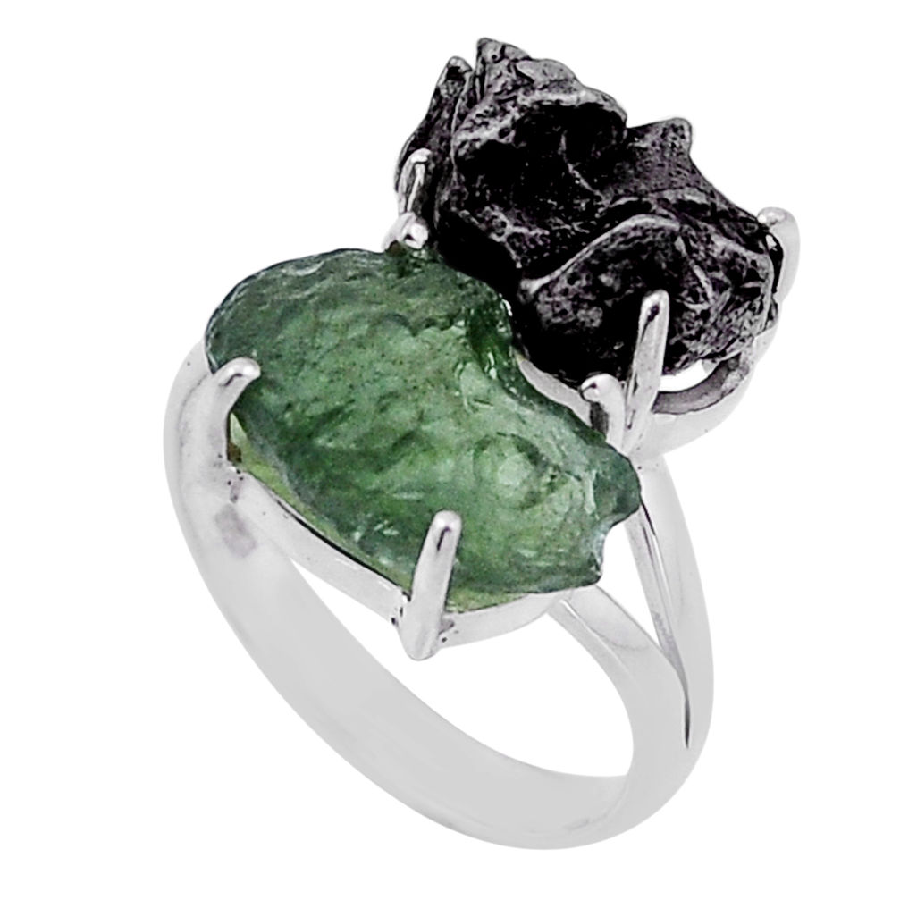 10.59cts natural green moldavite meteorite gibeon silver ring size 7.5 n48669