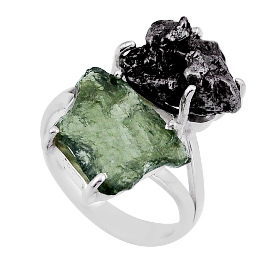 10.63cts natural green moldavite meteorite gibeon silver ring size 6.5 n48674